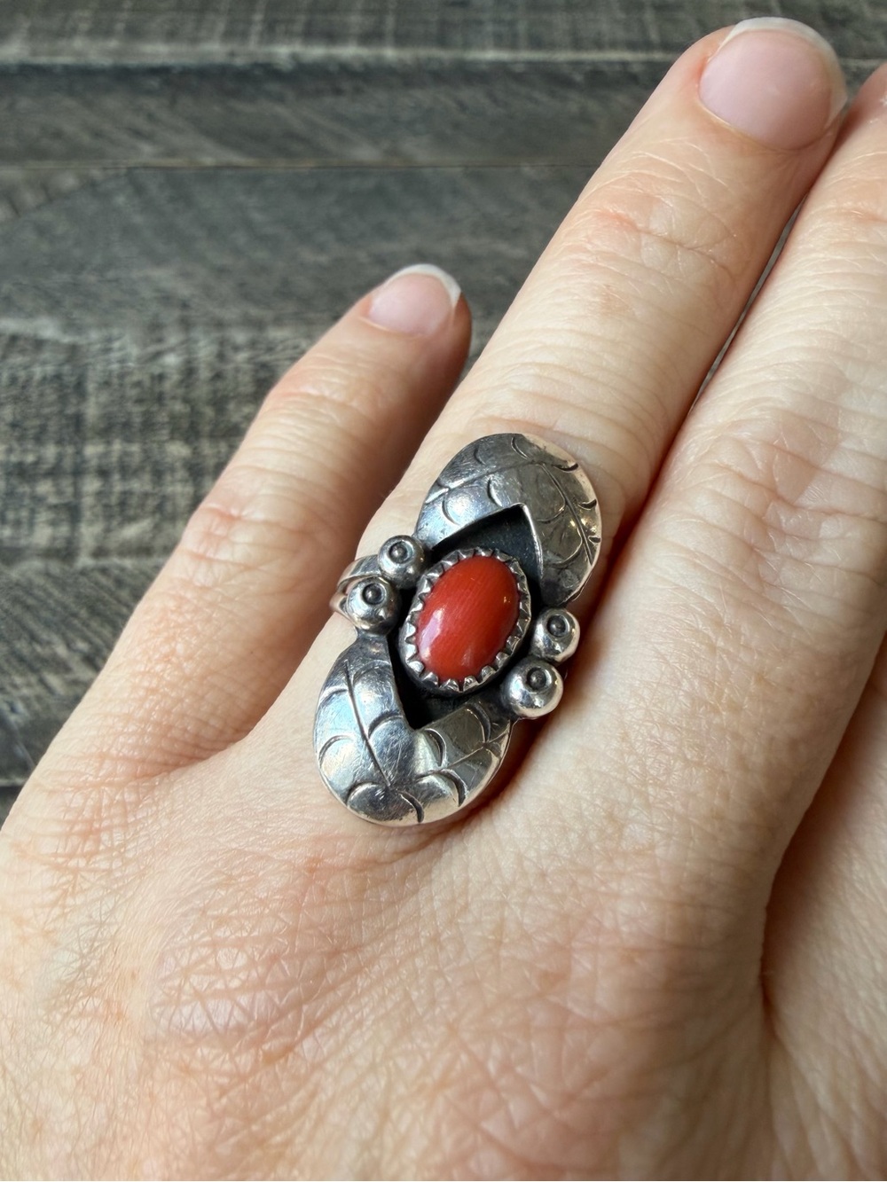 Vintage Navajo Red Coral & Sterling Silver Shadowbox Ring